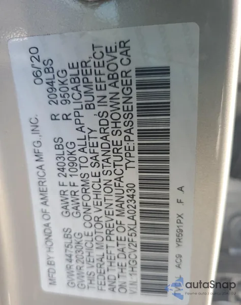 2020 Honda Accord Exl z USA, uszkodzony, nr VIN 1HGCV2F5XLA023430